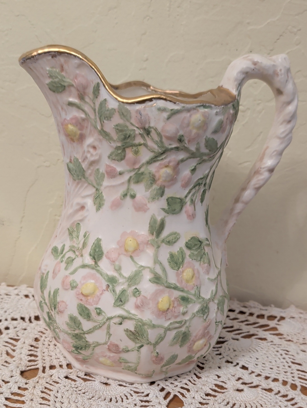 Vintage Floral Ceramic Pitcher - Pink and Green